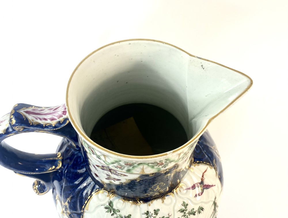 Worcester ‘Exotic Birds’ cabbage leaf moulded jug, c. 1770. View XXI