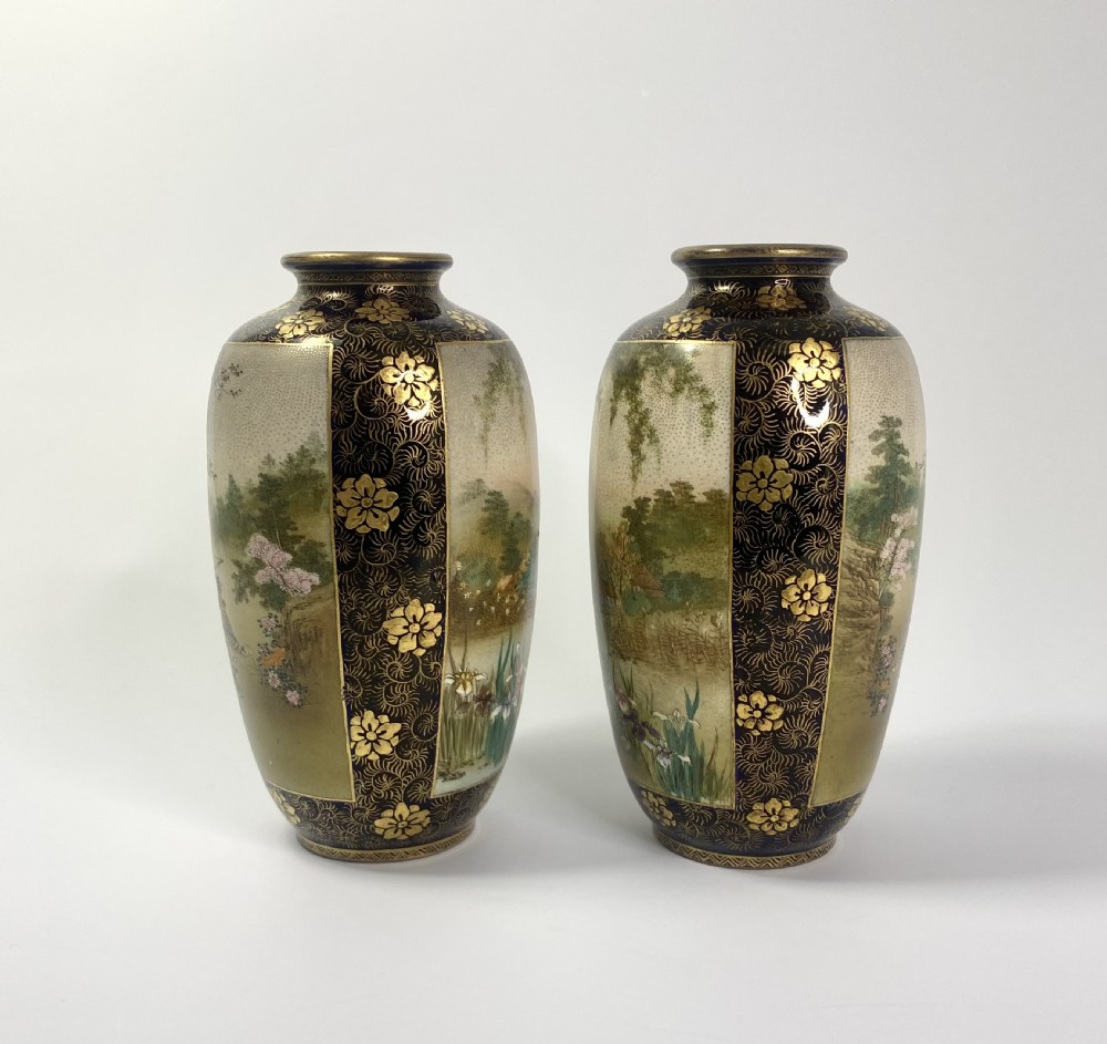 Pair Satsuma pottery vases. Kinkozan. Meiji Period. View II