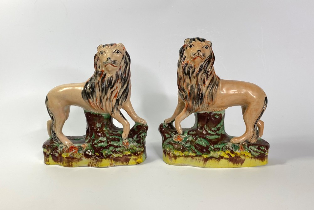Pair Staffordshire pottery Lions, Thomas Parr, c. 1860.