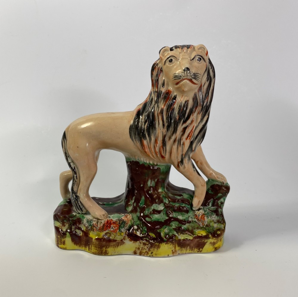 Pair Staffordshire pottery Lions, Thomas Parr, c. 1860. View II