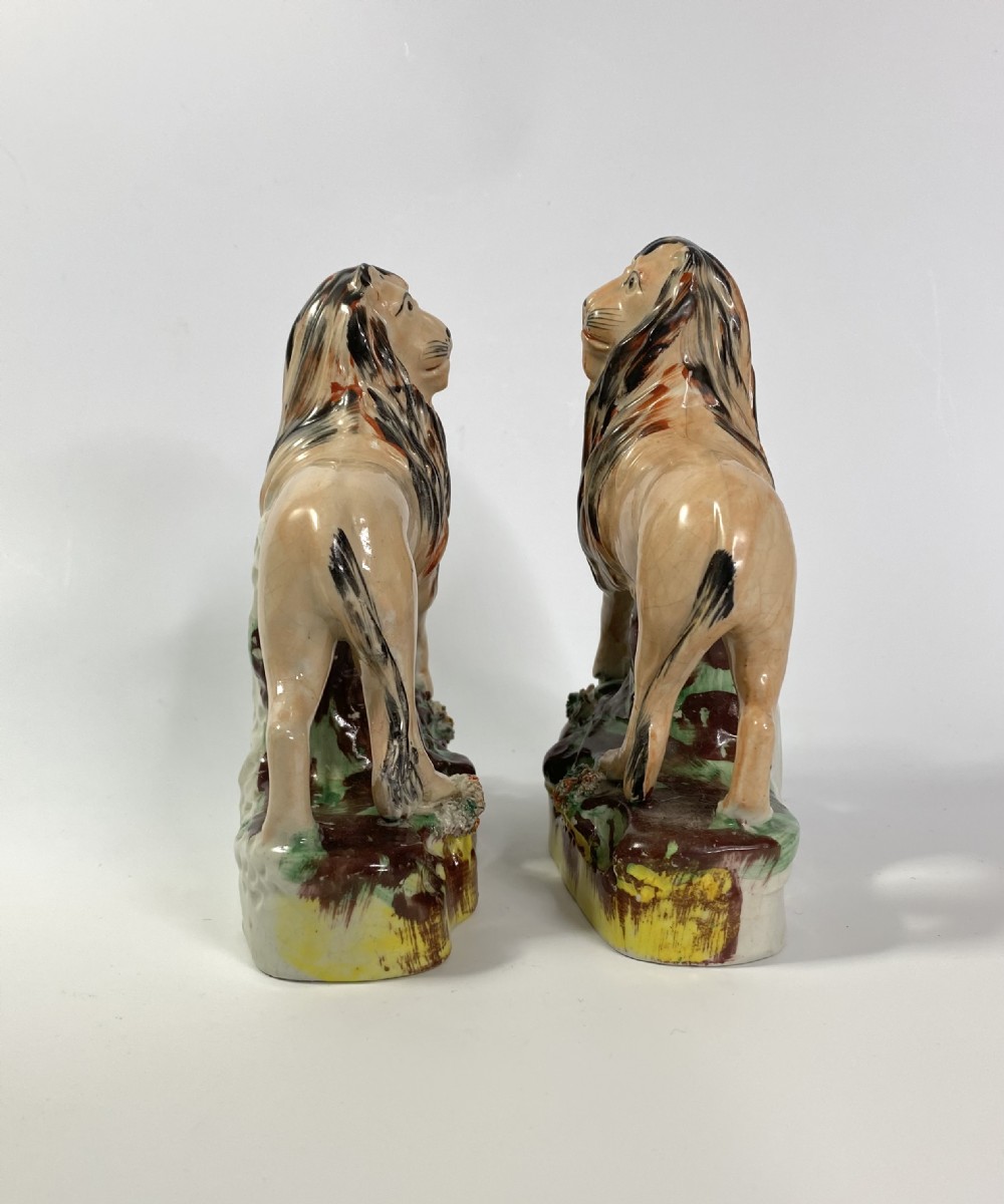 Pair Staffordshire pottery Lions, Thomas Parr, c. 1860. View III