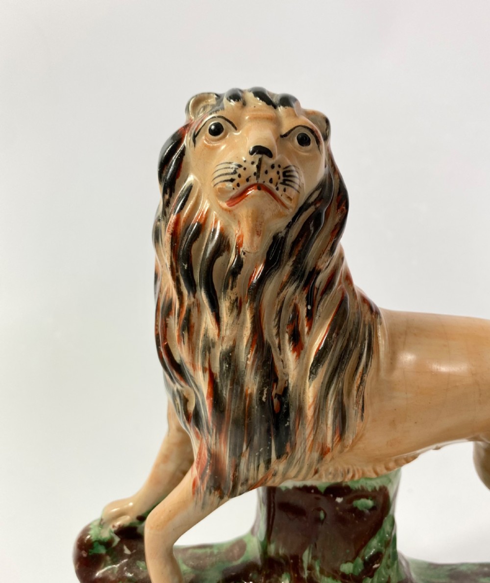 Pair Staffordshire pottery Lions, Thomas Parr, c. 1860. View IX