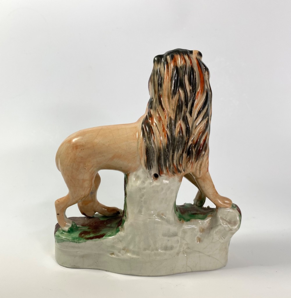 Pair Staffordshire pottery Lions, Thomas Parr, c. 1860. View X