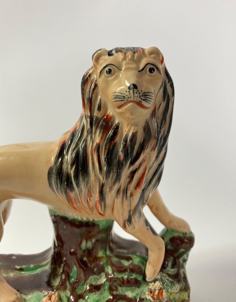 Pair Staffordshire pottery Lions, Thomas Parr, c. 1860. View XIV