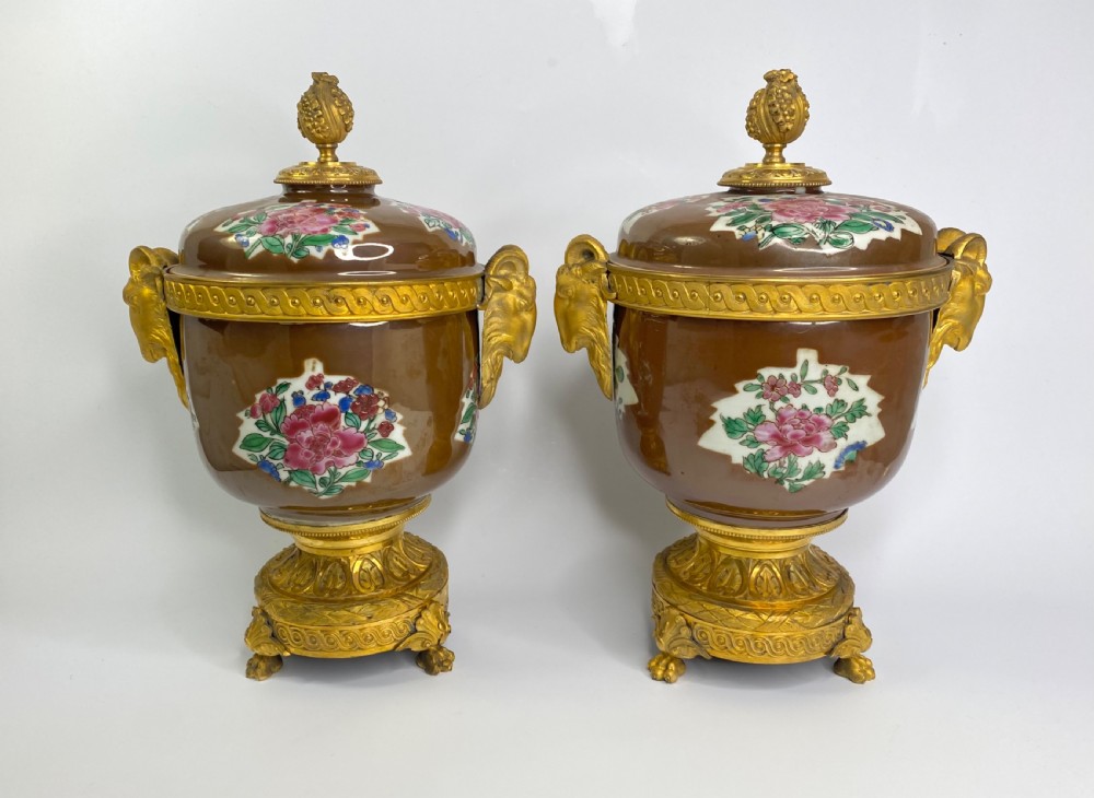 Pair Chinese porcelain & ormolu bowls, c. 1750. Qianlong Period.