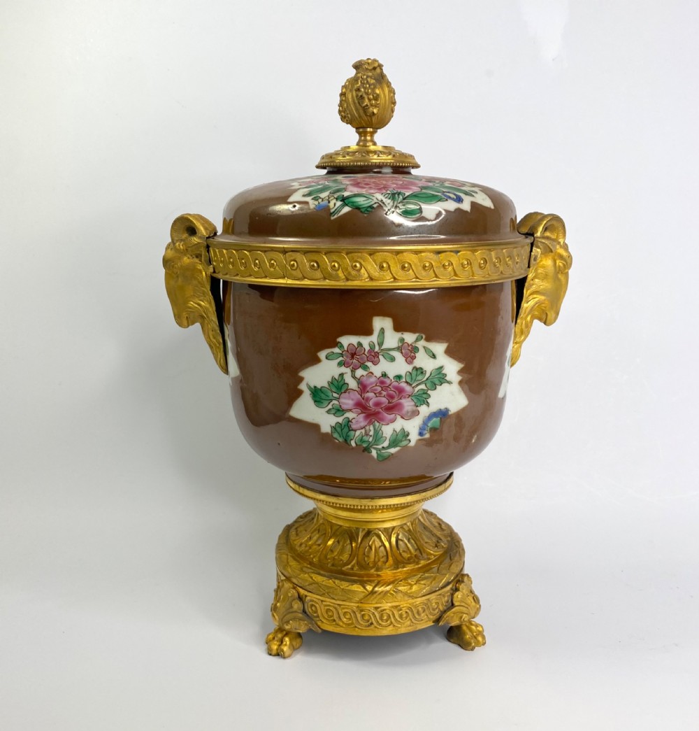Pair Chinese porcelain & ormolu bowls, c. 1750. Qianlong Period. View II