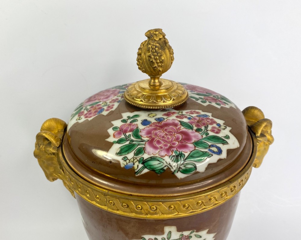Pair Chinese porcelain & ormolu bowls, c. 1750. Qianlong Period. View III
