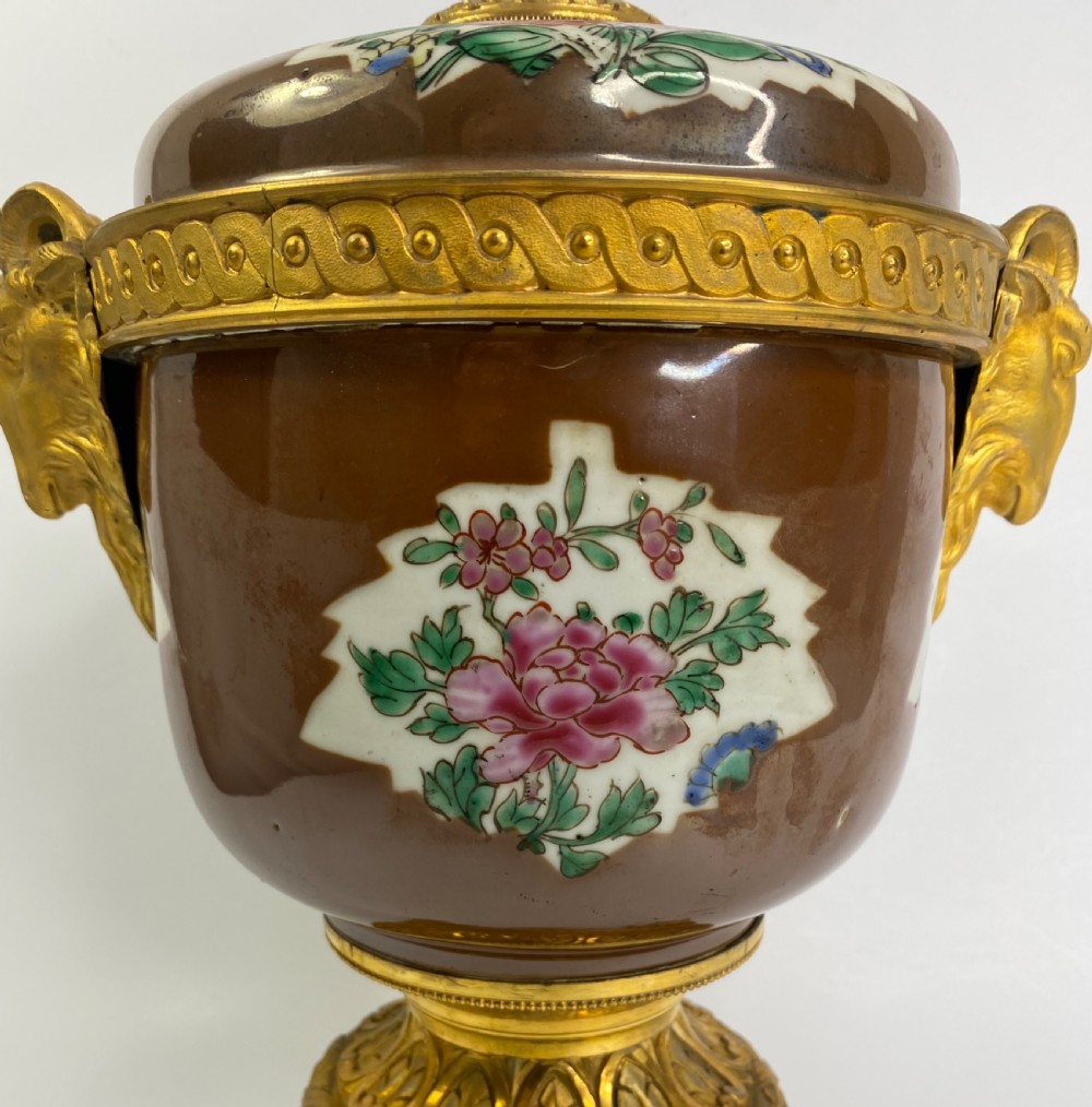 Pair Chinese porcelain & ormolu bowls, c. 1750. Qianlong Period. View IV