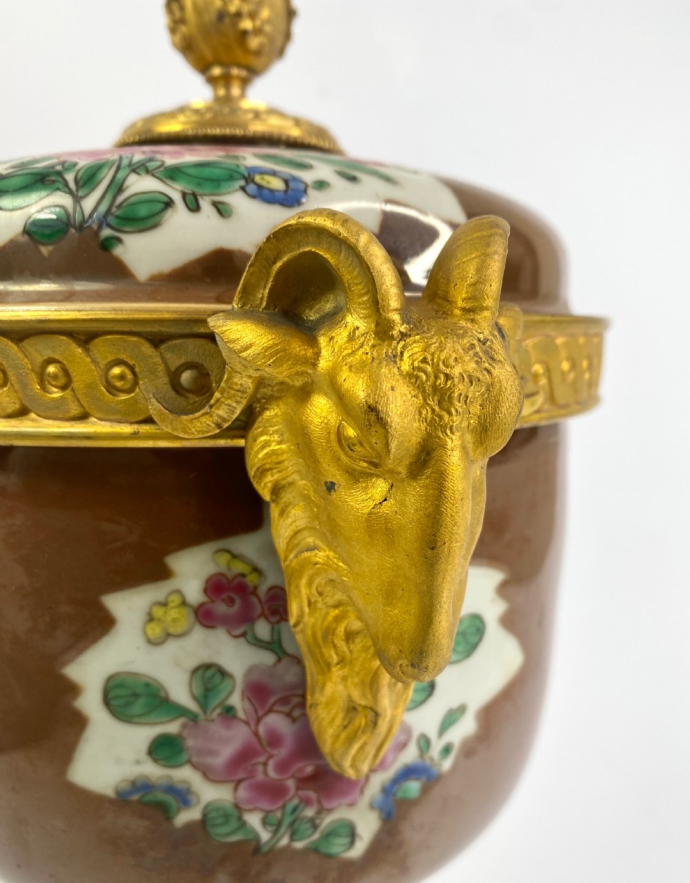 Pair Chinese porcelain & ormolu bowls, c. 1750. Qianlong Period. View V