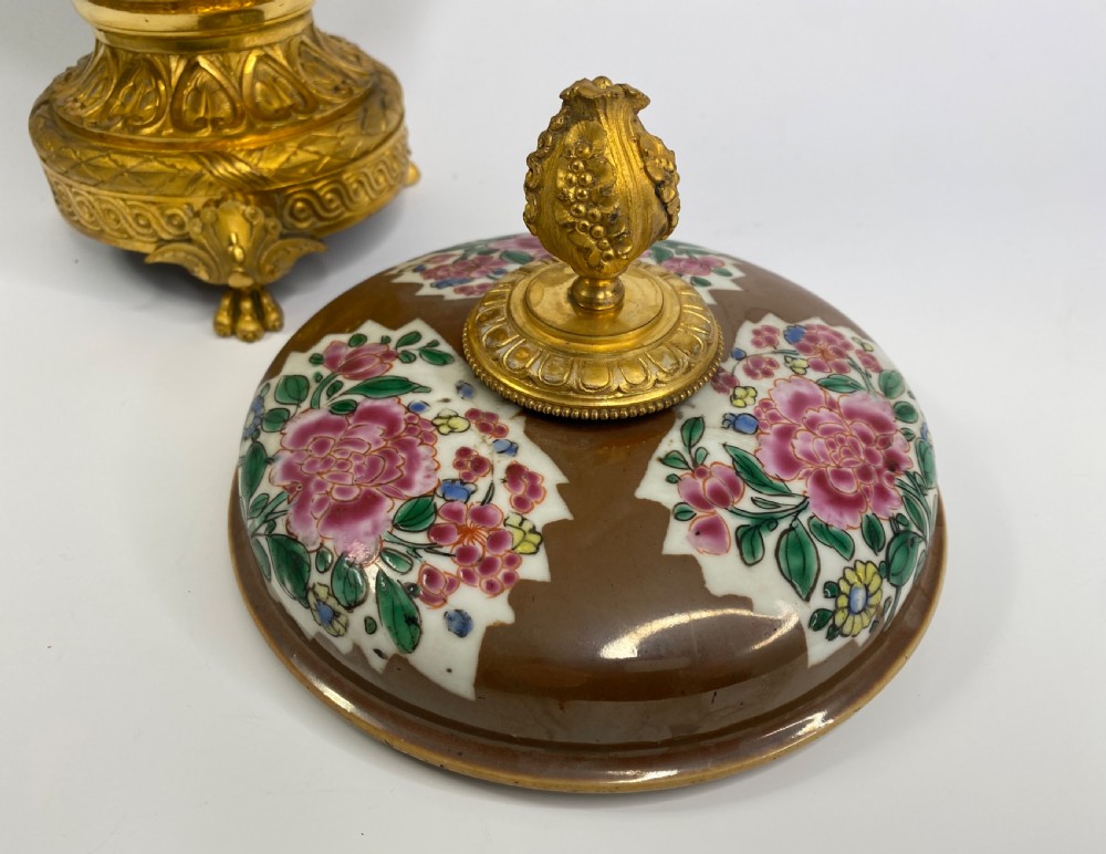Pair Chinese porcelain & ormolu bowls, c. 1750. Qianlong Period. View X