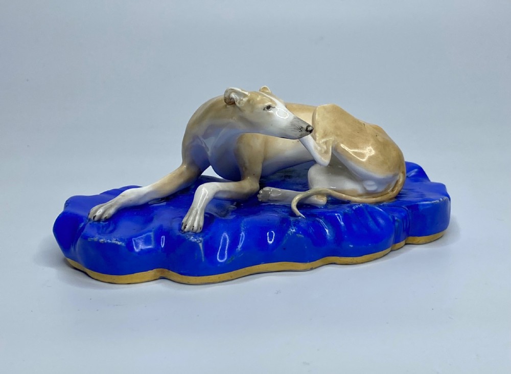 Copeland porcelain recumbent Greyhound, c. 1830. View III