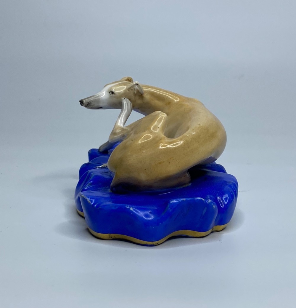 Copeland porcelain recumbent Greyhound, c. 1830. View IV