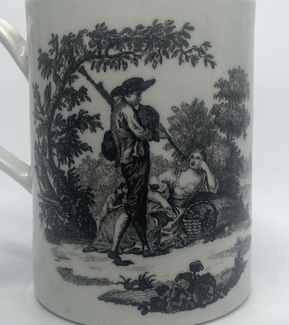 Worcester porcelain mug, ‘Bagpiper’ & ‘Milkmaids’, c. 1770. View V