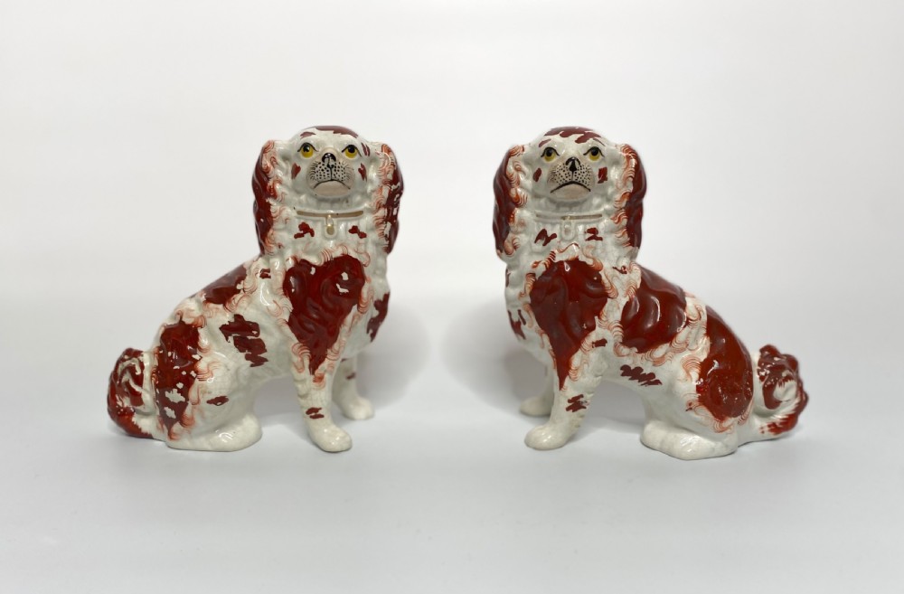 Pair Staffordshire pottery Spaniels, c. 1850.