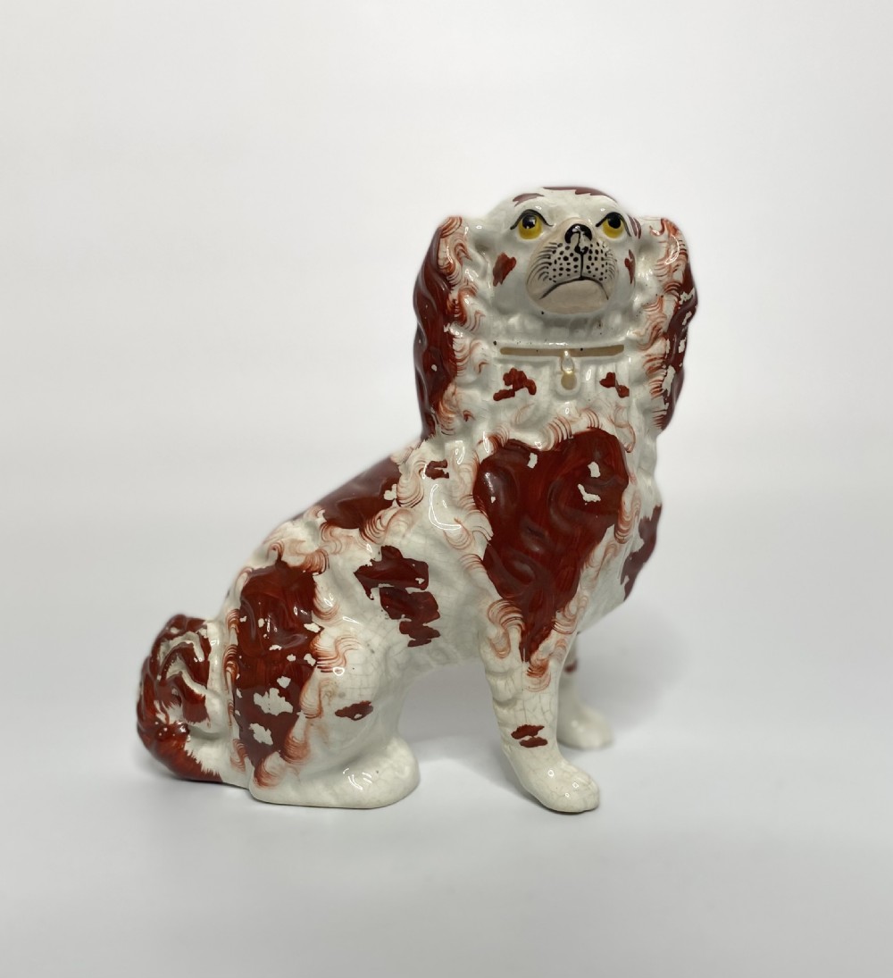 Pair Staffordshire pottery Spaniels, c. 1850. View III