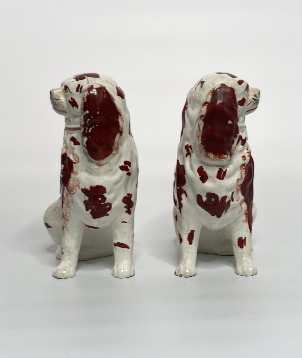 Pair Staffordshire pottery Spaniels, c. 1850. View IV