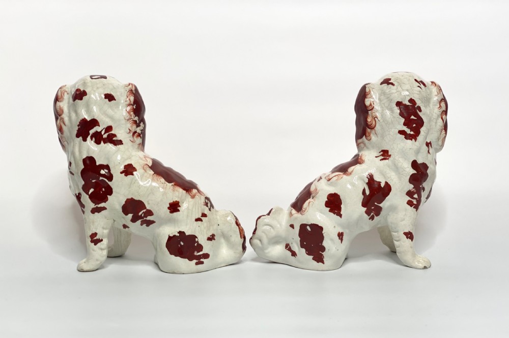 Pair Staffordshire pottery Spaniels, c. 1850. View VI