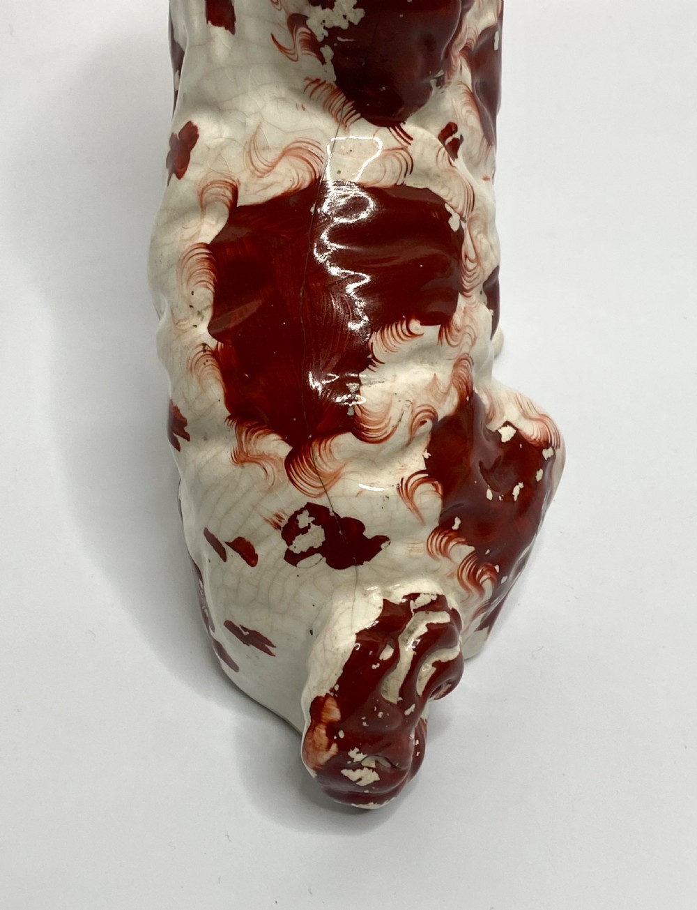 Pair Staffordshire pottery Spaniels, c. 1850. View X