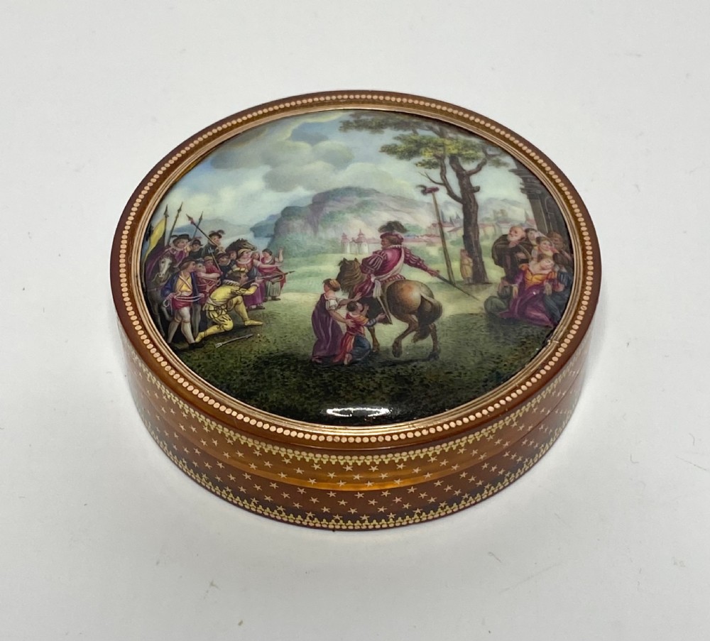 French gold pique horn and enamel box, William Tell, c. 1790.