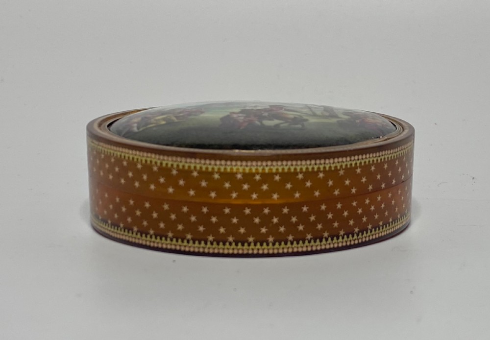 French gold pique horn and enamel box, William Tell, c. 1790. View IV