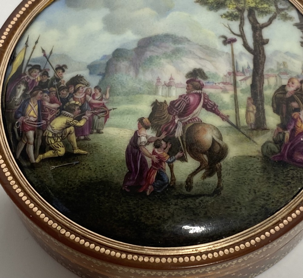 French gold pique horn and enamel box, William Tell, c. 1790. View V