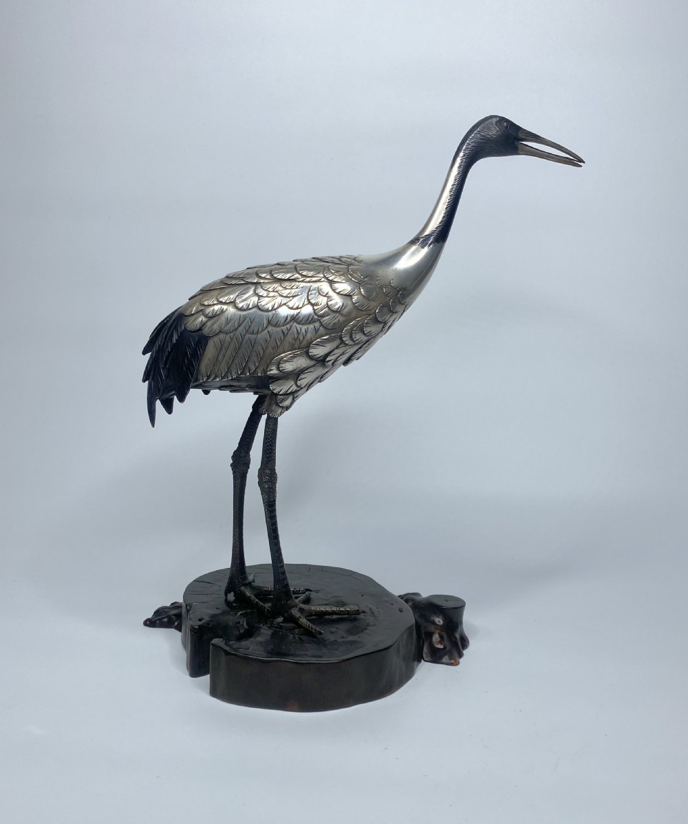 Japanese silvered bronze Manchurian Crane, Hidenao, Meiji Period. View III