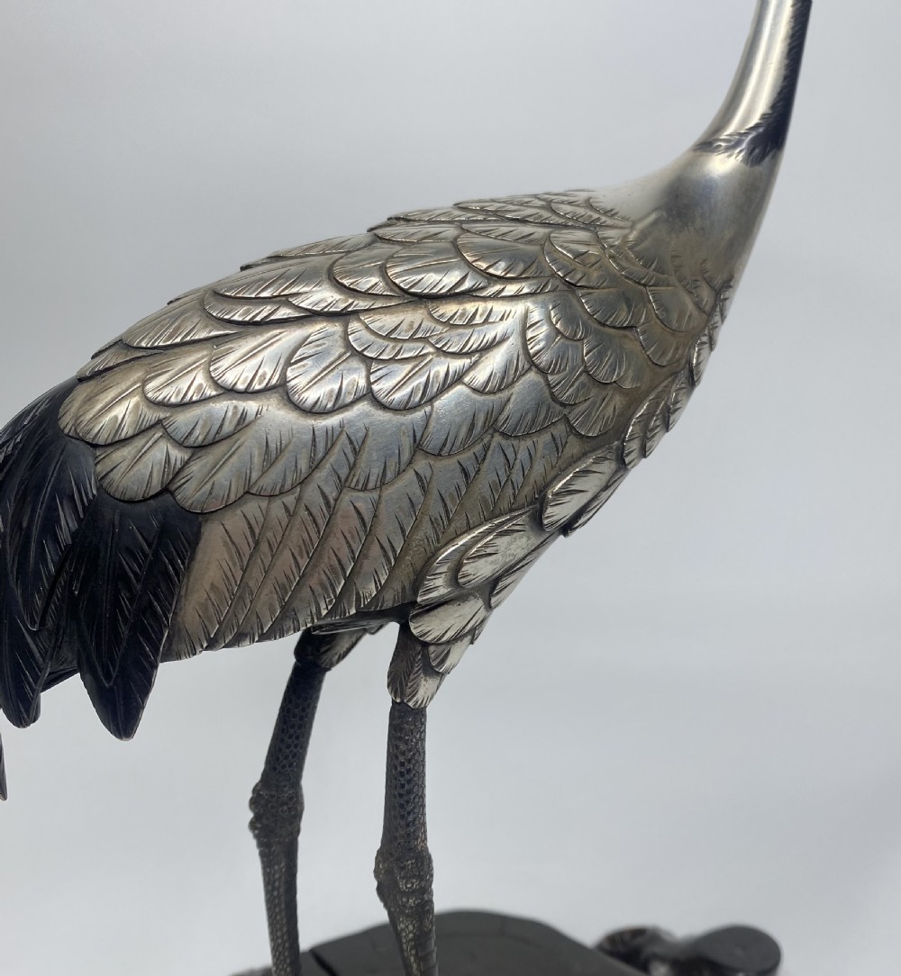 Japanese silvered bronze Manchurian Crane, Hidenao, Meiji Period. View IX