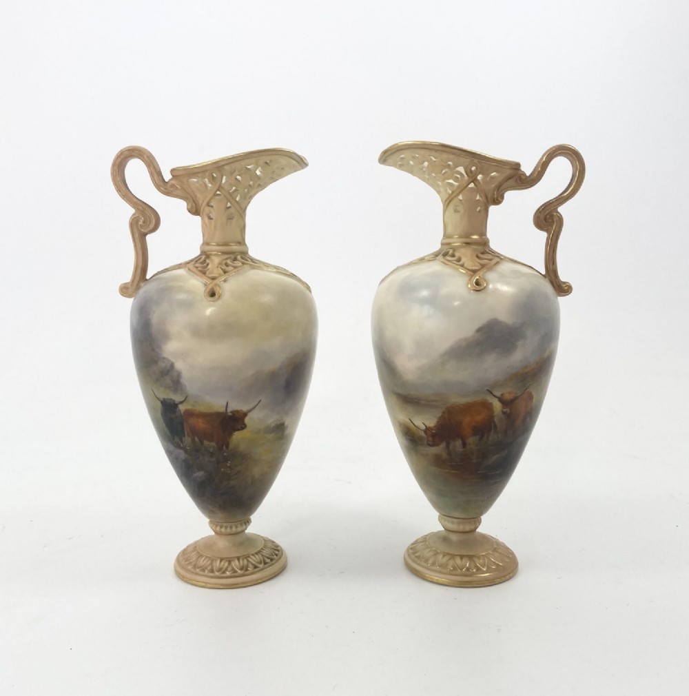Pair Royal Worcester ewers. Highland Cattle, Harry Stinton, d. 1903.