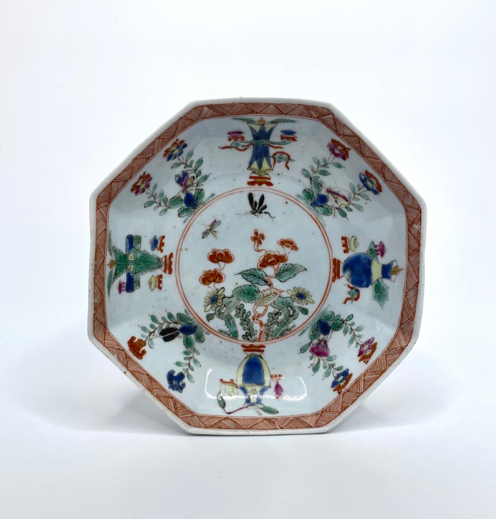 Worcester octagonal teabowl and saucer, famille verte, c. 1753. View II