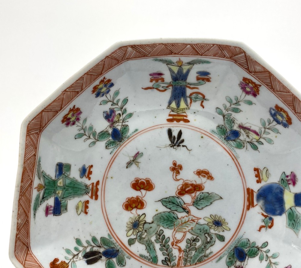 Worcester octagonal teabowl and saucer, famille verte, c. 1753. View IV