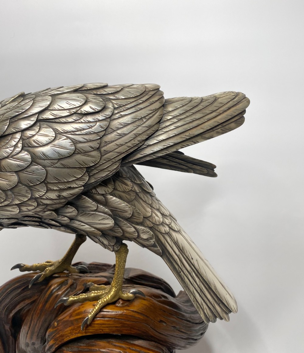 Japanese silvered bronze Sea Eagle okimono. Genryusai Seiya, Meiji Period. View III