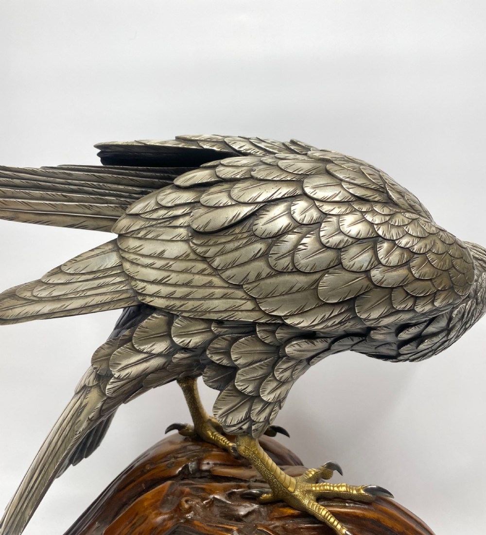 Japanese silvered bronze Sea Eagle okimono. Genryusai Seiya, Meiji Period. View X