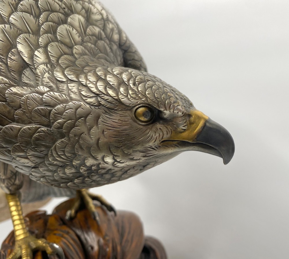 Japanese silvered bronze Sea Eagle okimono. Genryusai Seiya, Meiji Period. View XIII