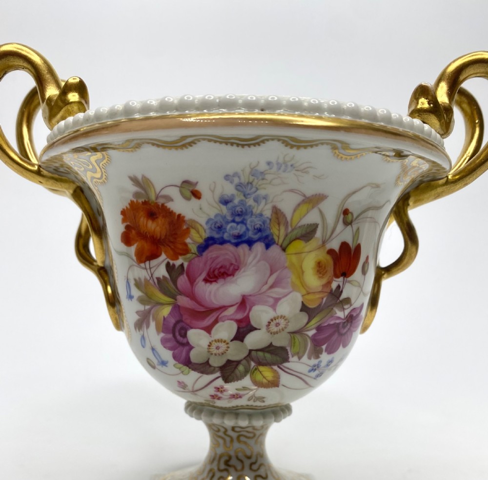 Pair FBB Worcester porcelain urns, c. 1815. View III