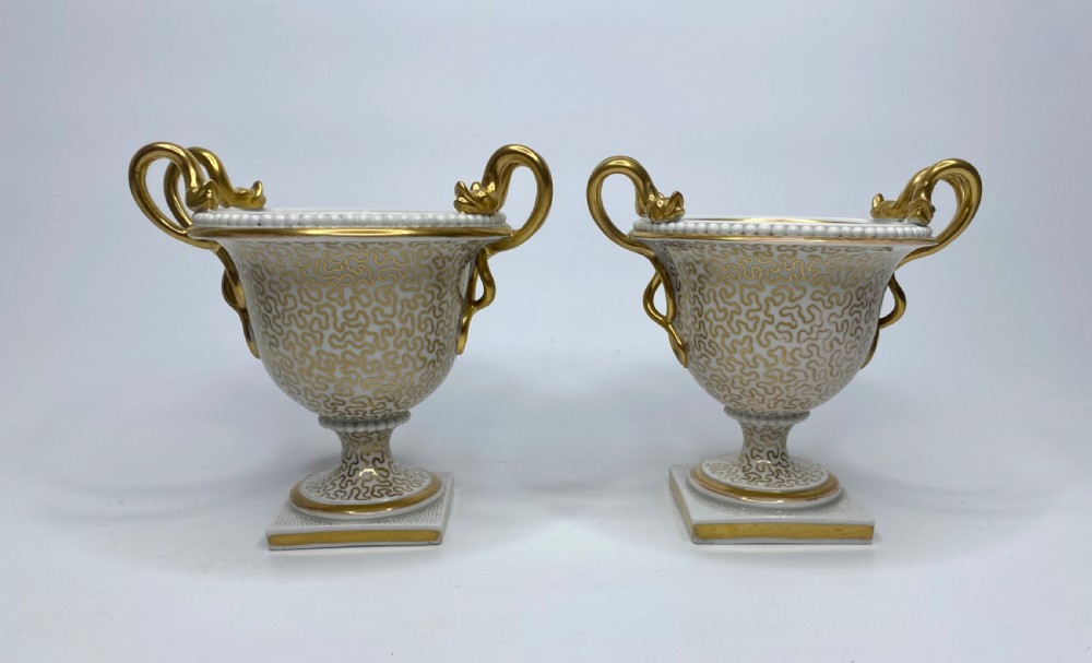 Pair FBB Worcester porcelain urns, c. 1815. View V