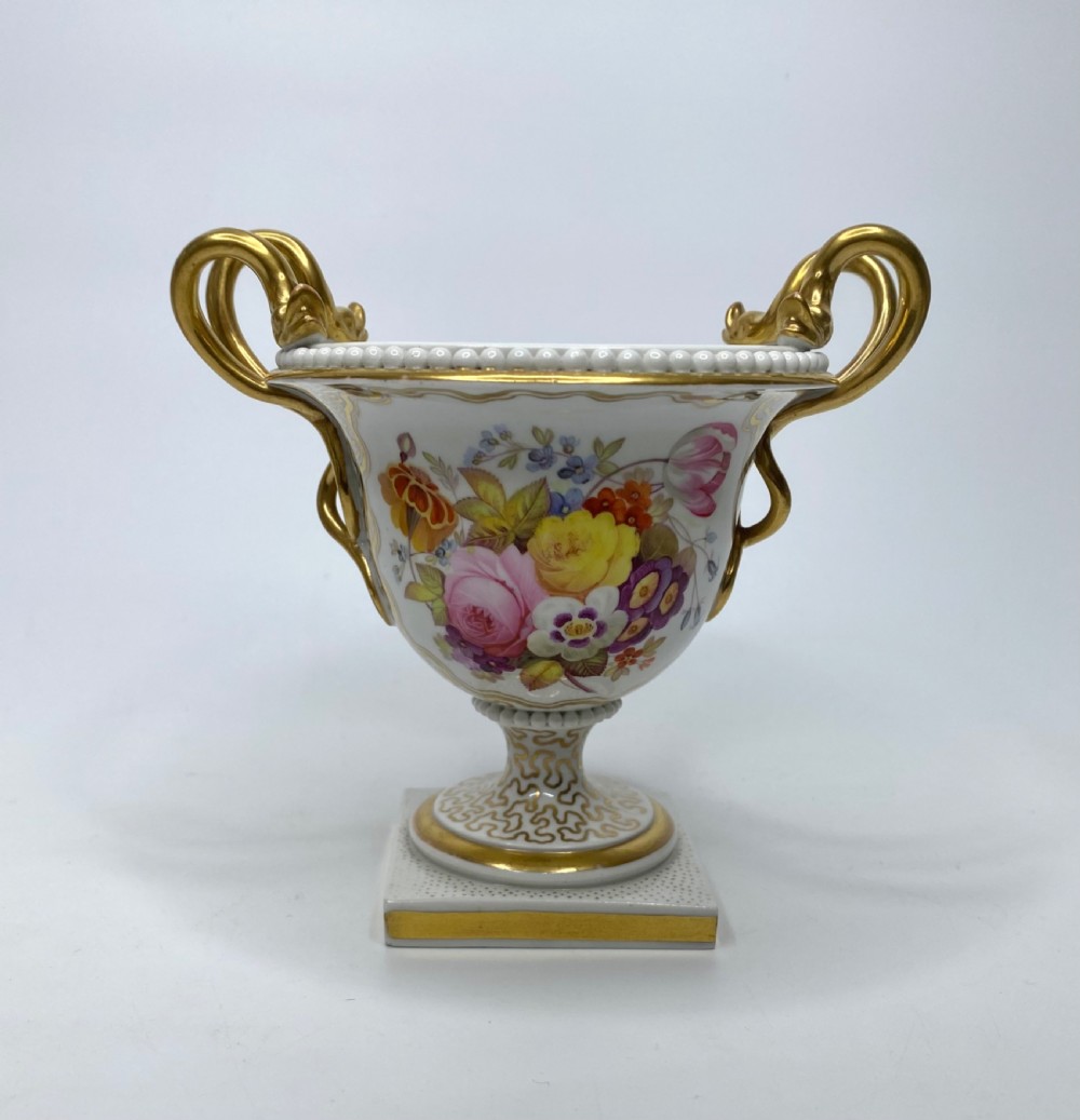 Pair FBB Worcester porcelain urns, c. 1815. View VII