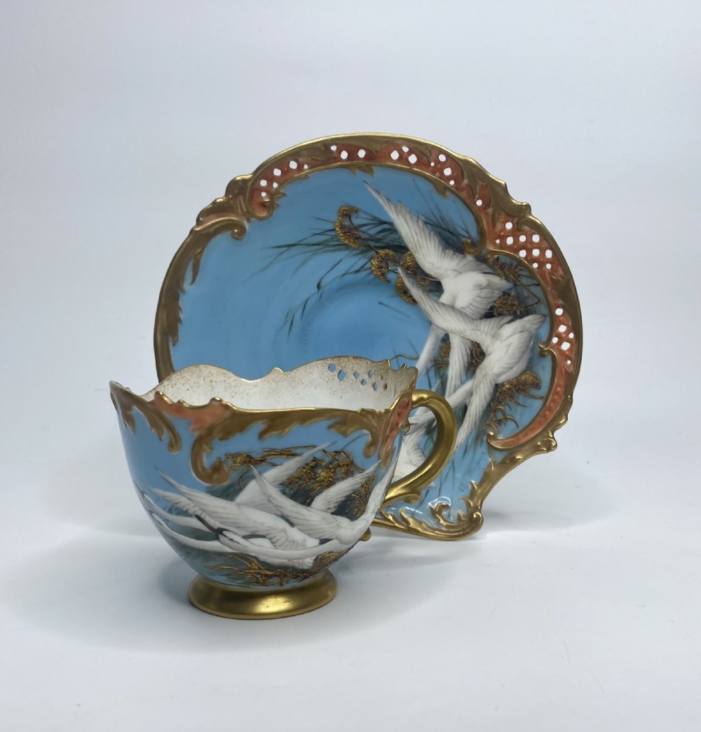 Royal Worcester cup and saucer. Swans, Charley Baldwyn, d. 1907. View IX