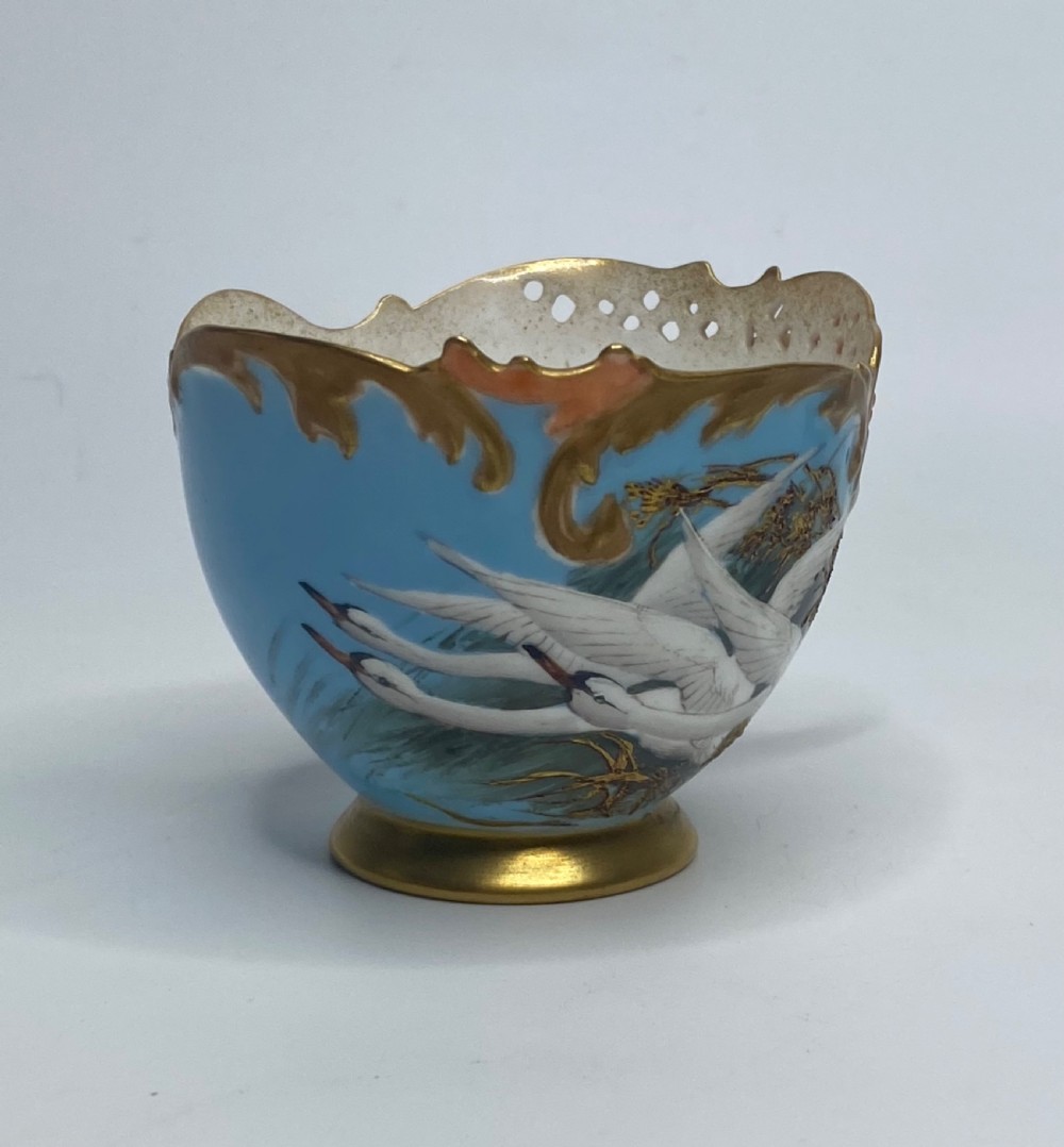 Royal Worcester cup and saucer. Swans, Charley Baldwyn, d. 1907. View X