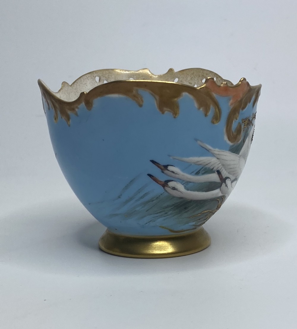 Royal Worcester cup and saucer. Swans, Charley Baldwyn, d. 1907. View XI
