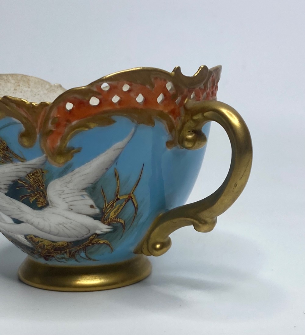 Royal Worcester cup and saucer. Swans, Charley Baldwyn, d. 1907. View XII