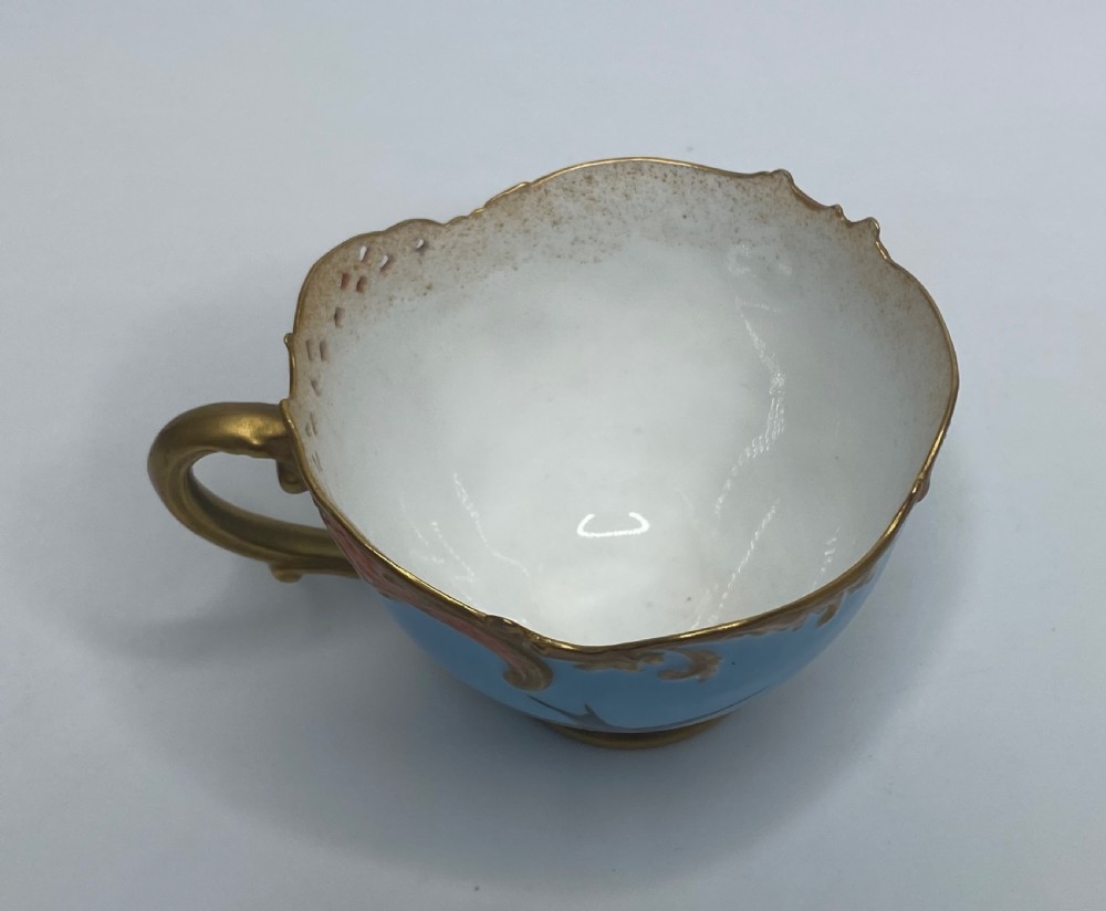 Royal Worcester cup and saucer. Swans, Charley Baldwyn, d. 1907. View XIV