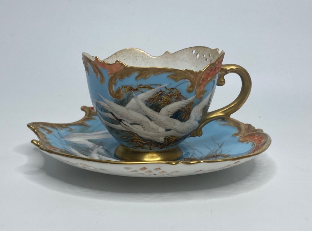 Royal Worcester cup and saucer. Swans, Charley Baldwyn, d. 1907. View XV