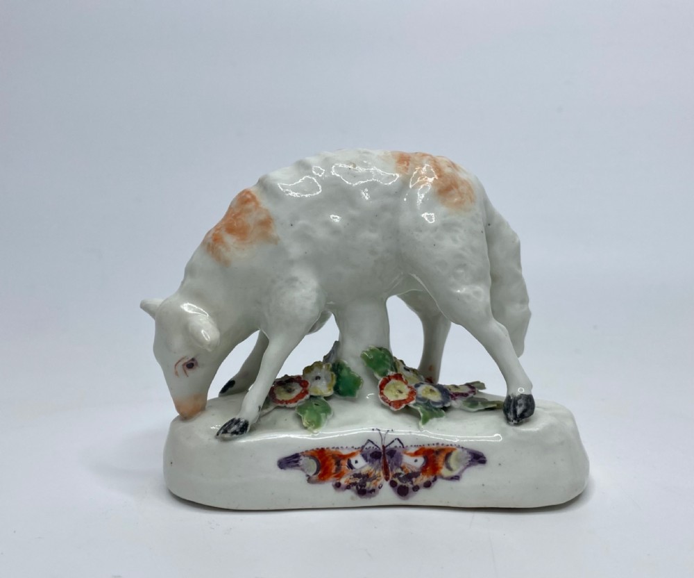 Rare Derby porcelain sheep grazing, c. 1760.