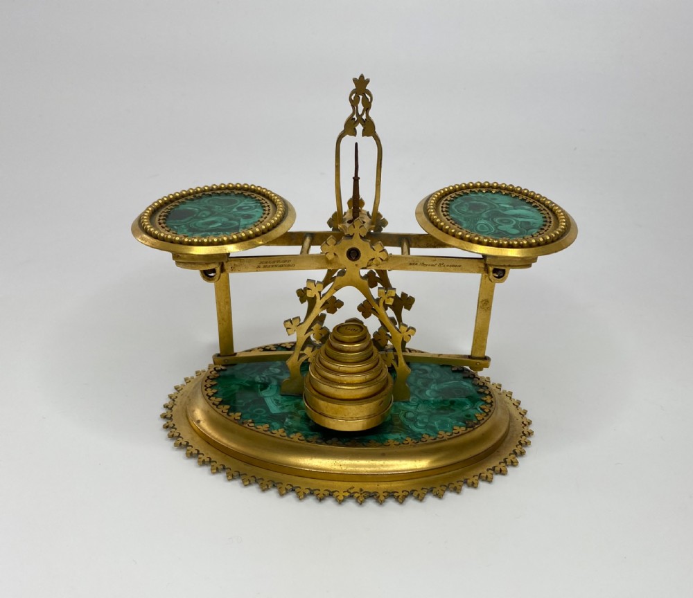Malachite postal scales, Halstaff & Hannaford, London, c. 1850.