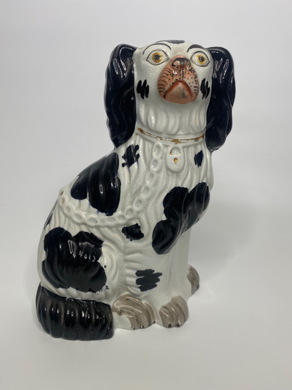 Pair Staffordshire pottery Spaniels, c. 1850. View IV