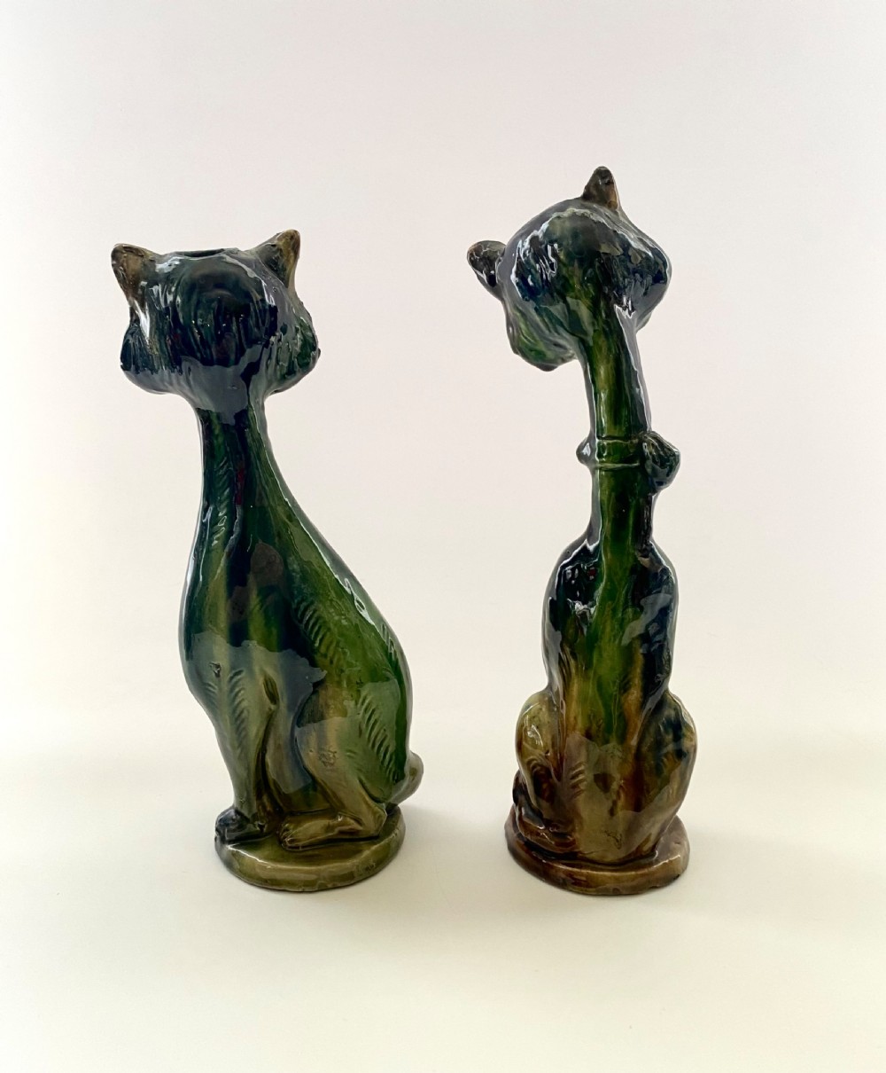 Pair Arts & Crafts pottery Cat candlesticks, c. 1910. View II