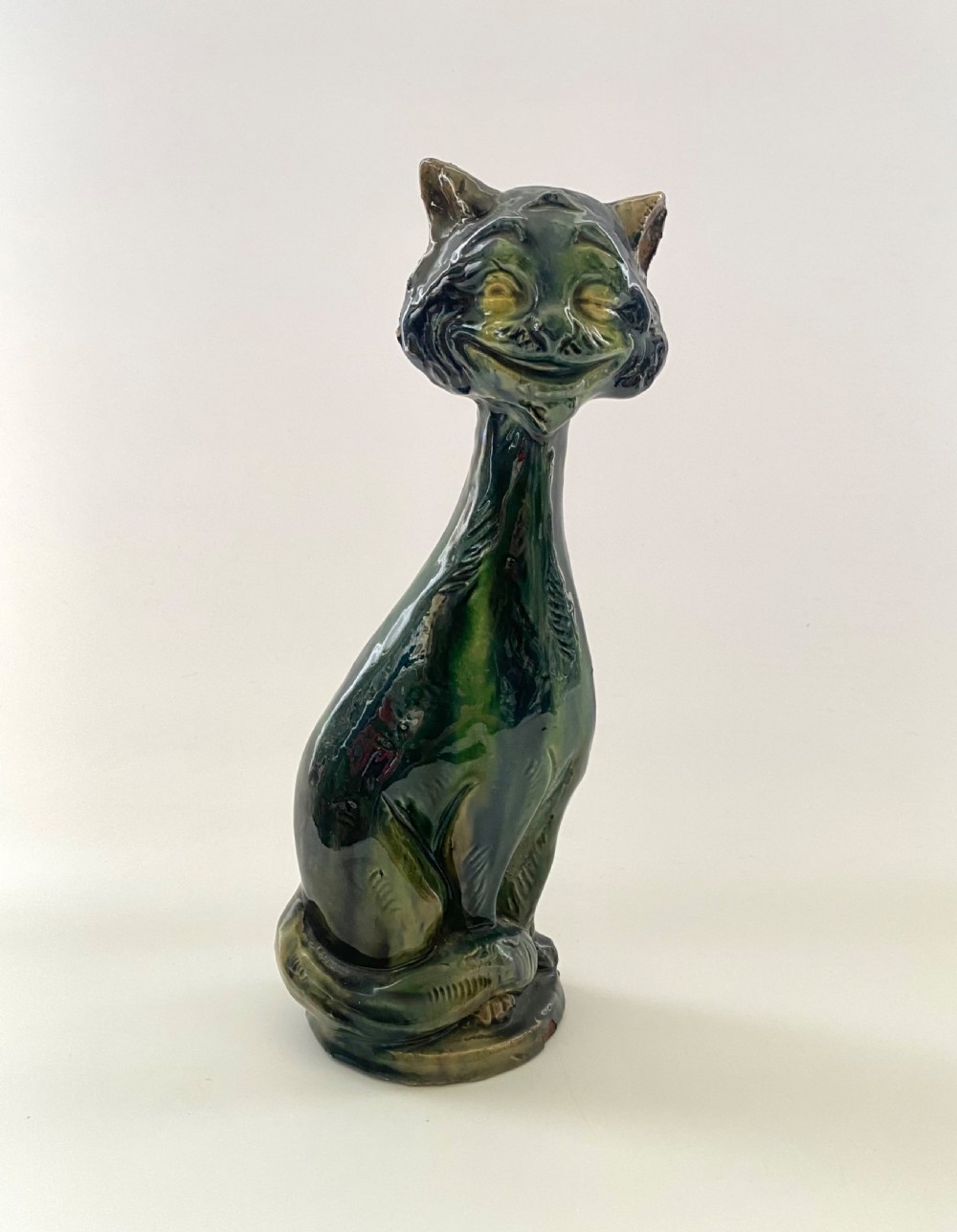 Pair Arts & Crafts pottery Cat candlesticks, c. 1910. View IV