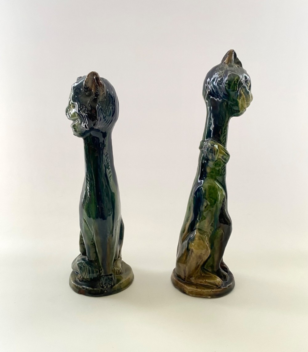 Pair Arts & Crafts pottery Cat candlesticks, c. 1910. View X