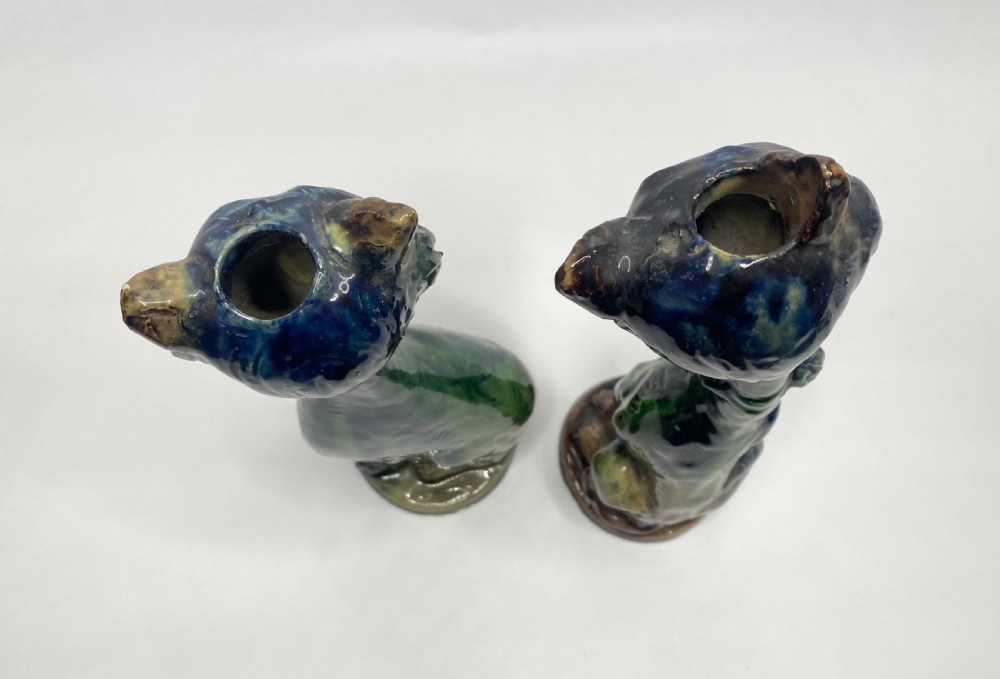 Pair Arts & Crafts pottery Cat candlesticks, c. 1910. View XI
