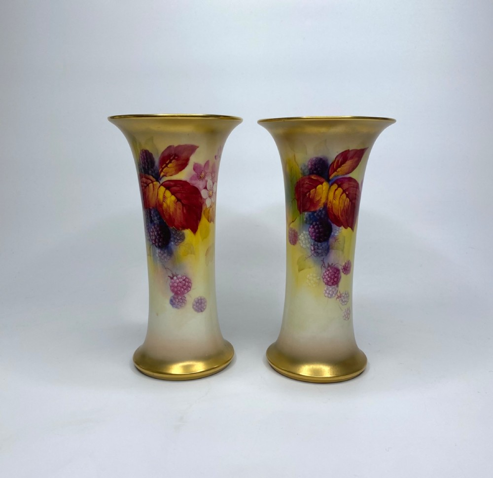 Pair Royal Worcester vases. Blackberries, Kitty Blake, d. 1936.